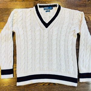 Polo Ralph Lauren Cable Knit Cricket Sweater Cream Cotton Men’s S Immaculate